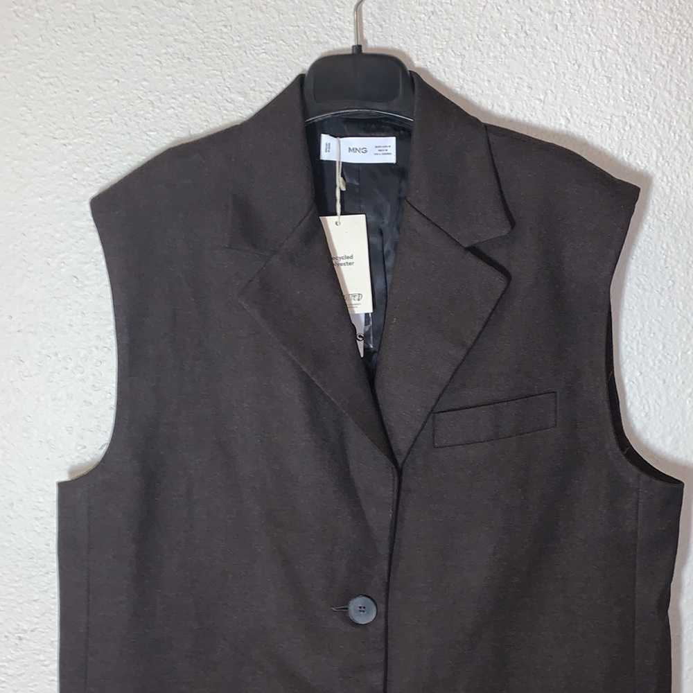 MNG brown oversized long 2 button Vest Sz M formal 90’s classic faux pockets NWT - Picture 3 of 17